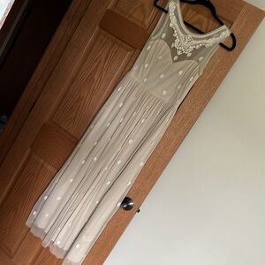 Vintage modcloth full length cream, tan dress. Sheer back. Lace. With polka sots